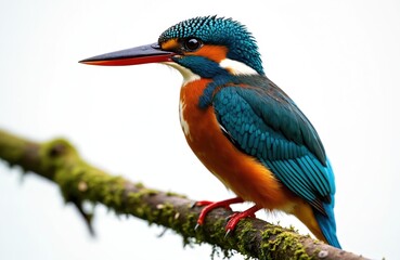 Fototapeta premium Common kingfisher bird sits on mossy tree branch. Brilliant blue and orange plumage. Tiny wild animal on white background. Detailed portrait of avian species.