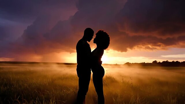 Romantic Couple Embracing in Misty Field at Sunset