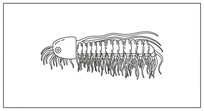 Stylized prehistoric invertebrate with multiple tentacles and segmented body line drawing
