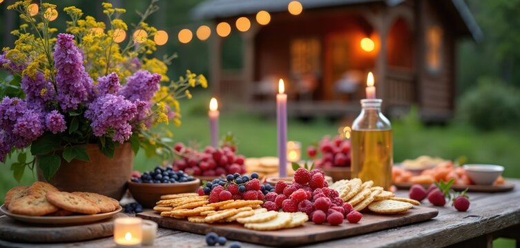 Outdoor potluck table laid with fresh berries crackers cheese and flowers. Evening lights glow on rustic cabin background. Candles flicker setting warm hospitable mood for friends gathering.