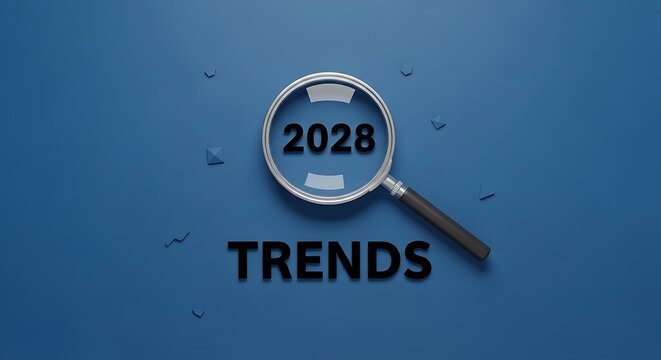 Magnifying glass over the word trends and the year 2028, broken glass effect, looking ahead, future trends, trend analys