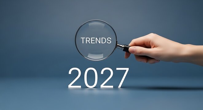 Hand holding magnifying glass over the word trends and the year 2027 with looking ahead with future trends