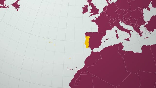 Portugal map. Animated zoom into the country on the Globe in Pale Mint Dark Pink color palette. Country logo animation with round text and airplanes. Map with meridians, parallels. Elegant video.