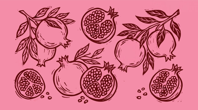 Hand-Drawn Pomegranate Linocut Illustrations on Pink Background.