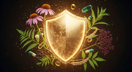 Fototapeta premium Glowing Golden Shield with Herbs and Vitamins – Immune System Protection Concept