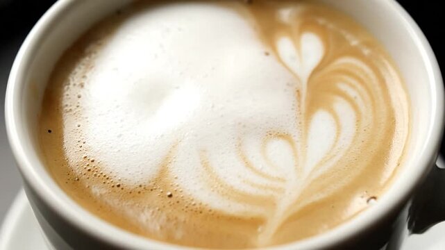 Close up of latte art being poured into a coffee cup.