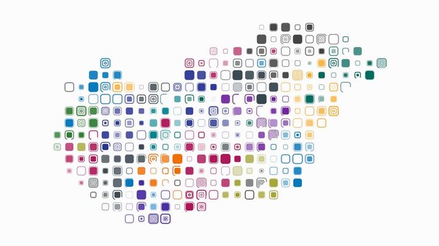 Hungary map animation. Shape of the country with pulsating colored dots. Large size rounded square blocks. Digital style Hungary map on white background. Plain video.