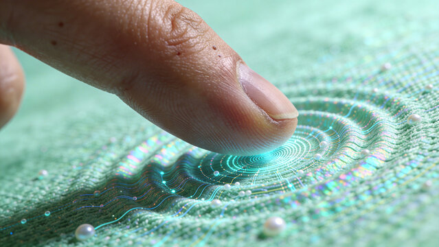 Extreme Macro of Finger Touching Smart Fabric Activating Glowing Digital Interface
