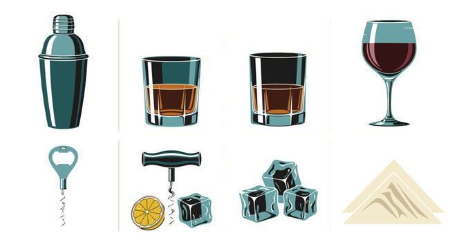 Collection of bar tools drinks and accessories for cocktails and beverages