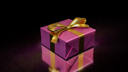 Obraz premium Luxury Pink Gift Box With Golden Ribbon On Dark Background 3d render.