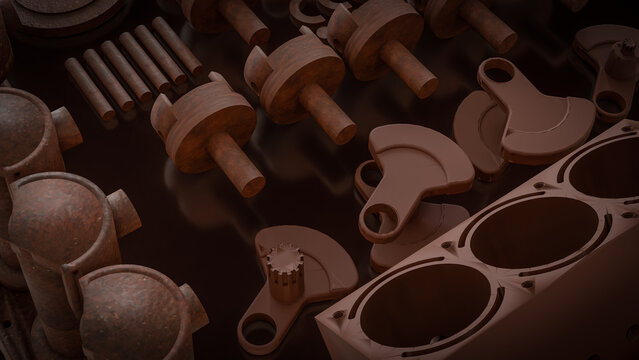 Engine Cylinder Block And Pistons Mechanical Parts 3d render.
