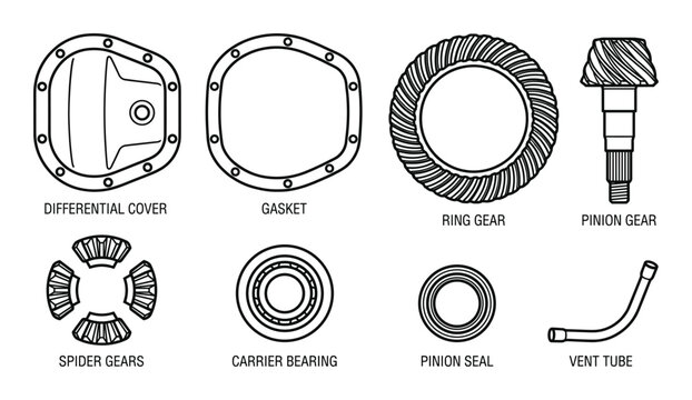 Automotive differential assembly parts outline set including cover gasket ring and pinion gear