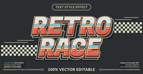 Editable text effect vector “Retro Race” features bold 3D racing-style lettering with retro colors and vintage speed vibes, perfect for motorsport themes, posters, and dynamic designs. © Rtn_Studio