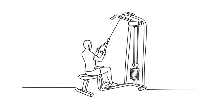 A single continuous line drawing of a person sitting on a gym machine performing a lat pulldown Vector, illustration