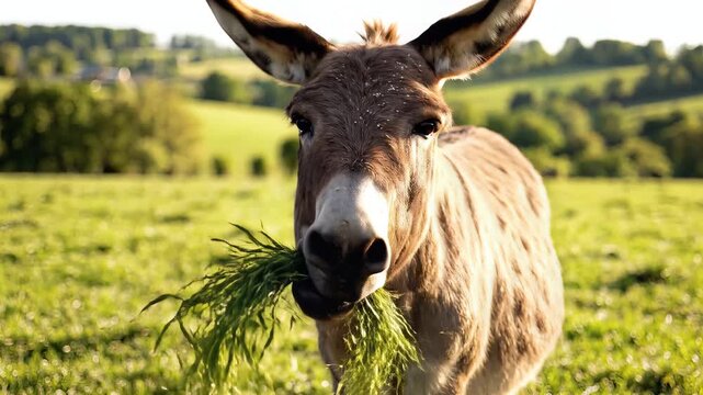 Donkey Eating Fresh Green Grass in a Sunny Meadow Close Up