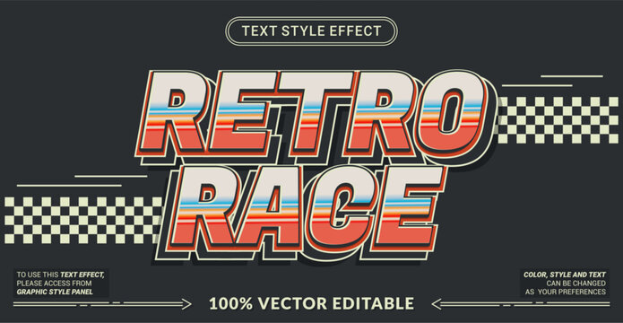 Editable text effect vector &ldquo;Retro Race&rdquo; features bold 3D racing-style lettering with retro colors and vintage speed vibes, perfect for motorsport themes, posters, and dynamic designs.