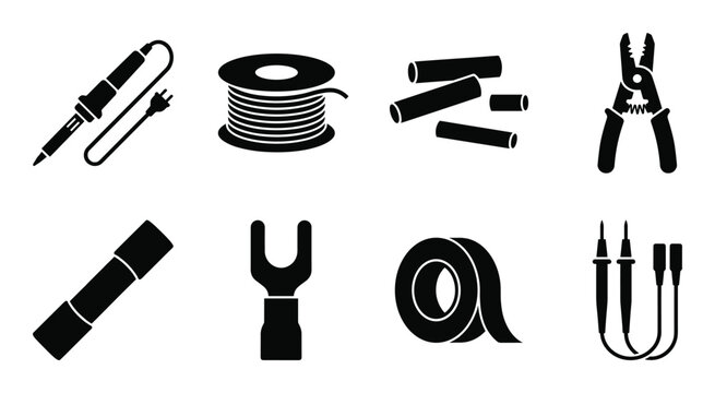 Collection of black electronic components and tools on gray background, soldering iron, wire spool, heat shrink tubes, wire cutters, connector, tape