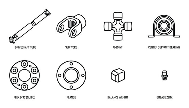 Driveshaft assembly components outline set including tube slip yoke u-joint center support bearing