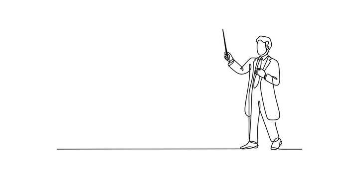 Continuous line drawing of a male professor standing and pointing with a stick in the classroom Vector, illustration