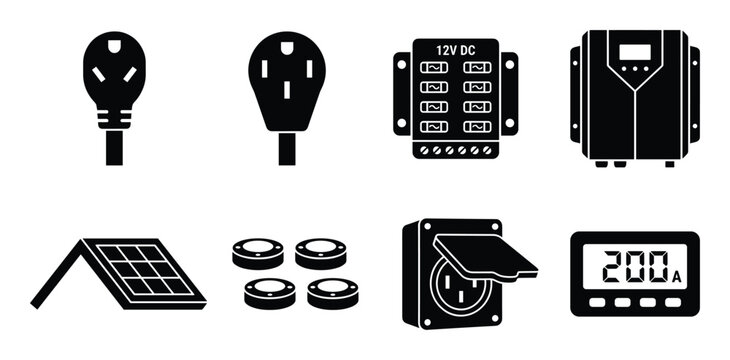 Renewable energy and electrical equipment icons featuring solar panel inverter fuse box and plugs