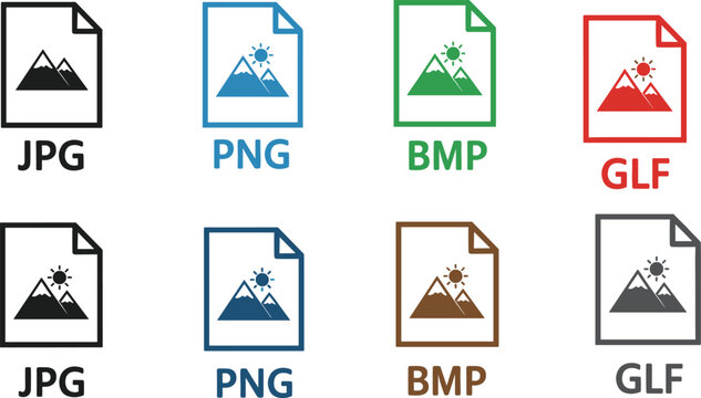 File format icons set with JPG PNG BMP and GLF extensions, colorful document symbols for image types, vector illustration isolated on white background