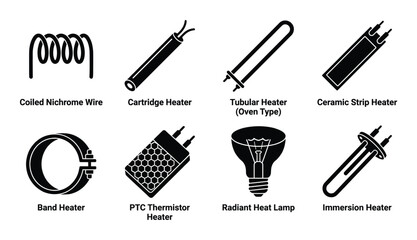 Fototapeta premium Set of black vector icons illustrating various types of industrial heating elements with labels