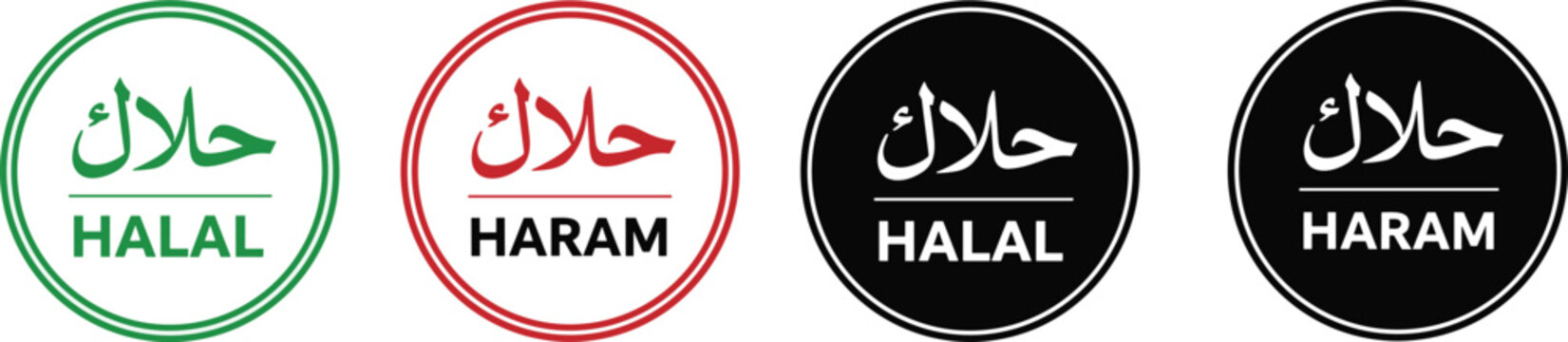 Halal and Haram circular badge icons set with Arabic calligraphy and English text, Islamic food certification symbols in green, red and black design styles