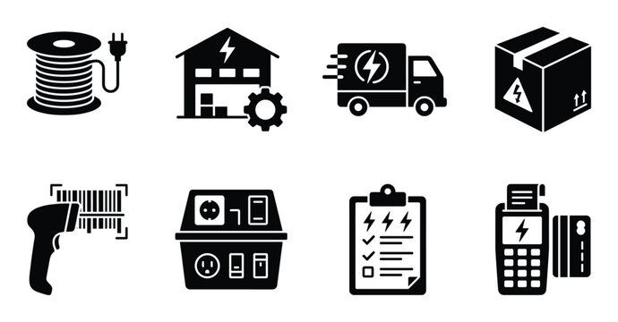 Set of electrical engineering vector icons on transparent background simple flat design