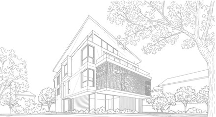 Obraz premium Modern architectural building exterior vector graphic illustrating contemporary design principles for urban and suburban living.