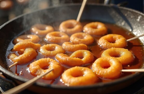 Peruvian picarones deep frying in sweet syrup on sticks. Golden brown pumpkin and sweet potato rings cook in hot oil. Traditional street food dessert preparation.