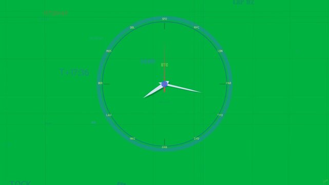 Blue HUD clock hands rotating clockwise on grid with frames advancing, indicating UTC and T+17:36