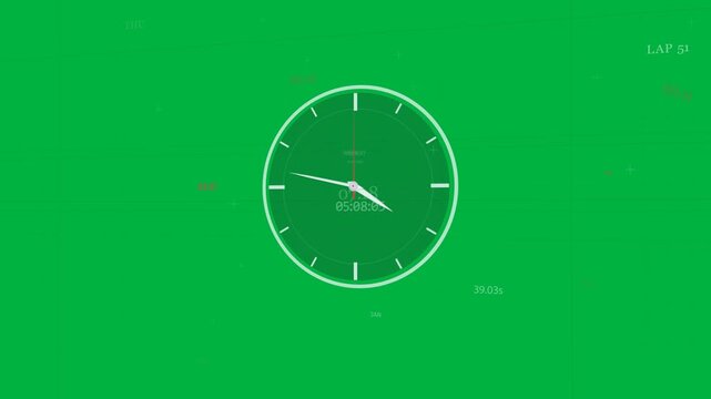 At start clock centered on clear bg red second sweeping hands shifting readout updating for timing