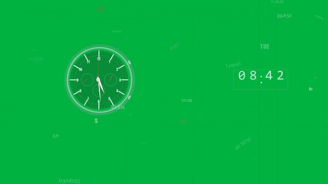 On play analog clock advancing HUD drifting panel holding 08:42 for telemetry on transparent canvas
