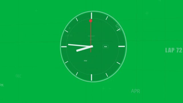 Frame updating clock face in HUD, marking time, white hour or minute hands and red seconds sweeping