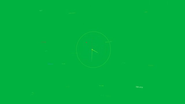 Concentric blue radar rings with rotating sweep arm, causing red dot shifting and labels updating