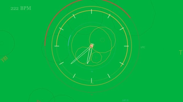 On telemetry dial rotating clockwise hands overlapping blobs shifting showing 222BPM transparent