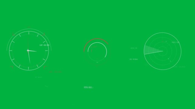 HUD getting telemetry, left gauge rotating, central rings pulsing, right radar sweeping toward blip