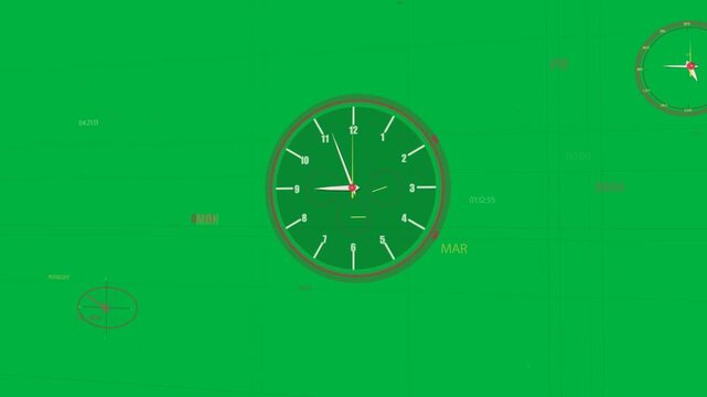 Stylized analog clock moving hands clockwise with running timer updating, secondary clock rotating