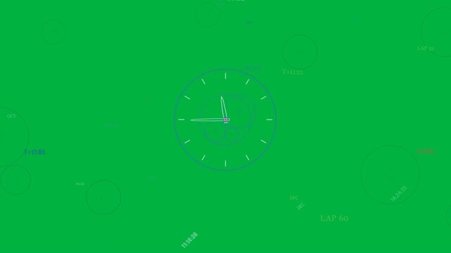 On play HUD dial rotating, hands moving clockwise, loops turning, showing lap stats on transparent