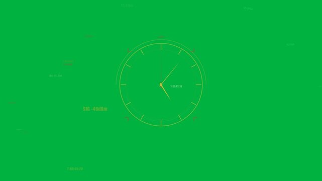 Circular HUD getting telemetry, turning gold hands, pivoting red vector, moving cyan arc tracking