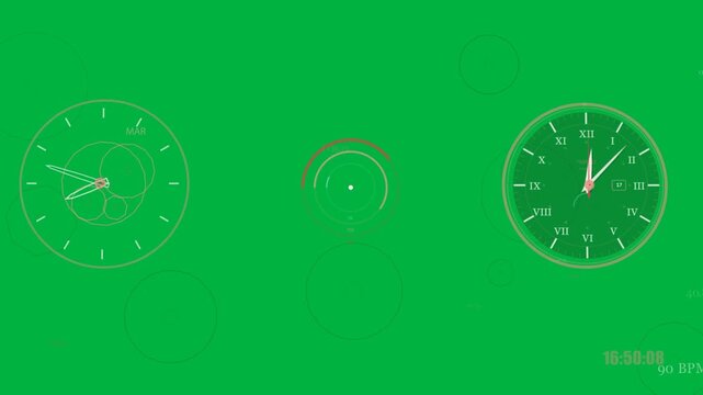 3part HUD on black showing MAR dial rotating radar rings pulsing Roman clock ticking 16:50:08 or 90B
