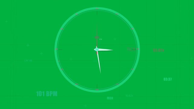 Clock HUD starting on TICK, hands rotating, counters updating lap,BPM for timing on transparent UI