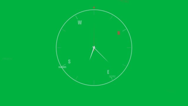 Dot appearing dial hands turning red needle moving showing heading or time info on transparent grid