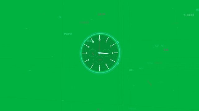 On telemetry ping, teal gauge advancing hands and pointer, updating lap data on transparent bg