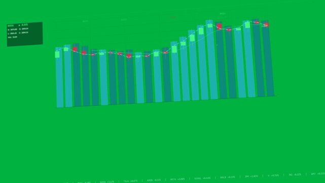 On load bar chart building left-to-right, rising to display uptrend with red line on transparent bg