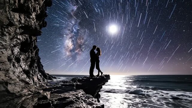 Romantic Couple Standing on Ocean Cliff Under Milky Way Galaxy Night Sky