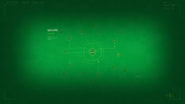 Center dot sparking HUD forming net laptop linking hexes SECURE or GATEWAY for monitoring transparen