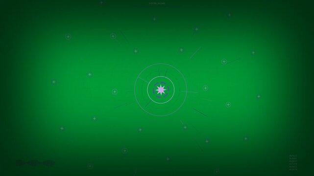 Faint glyph pulsing starting purple HUD scan, rings rotating, nodes linking on transparent backdrop