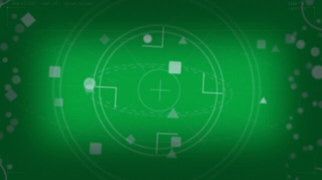 HUD reticle activating ring appearing on transparent grid driving blips orbiting clockwise for scan