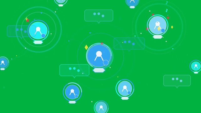 Blue node cluster in UI showing central node pulsing, linking, showing speech bubbles for chat